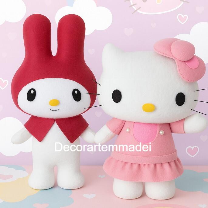 Hello Kitty e Melody  Bonecas Decorativas em Feltro