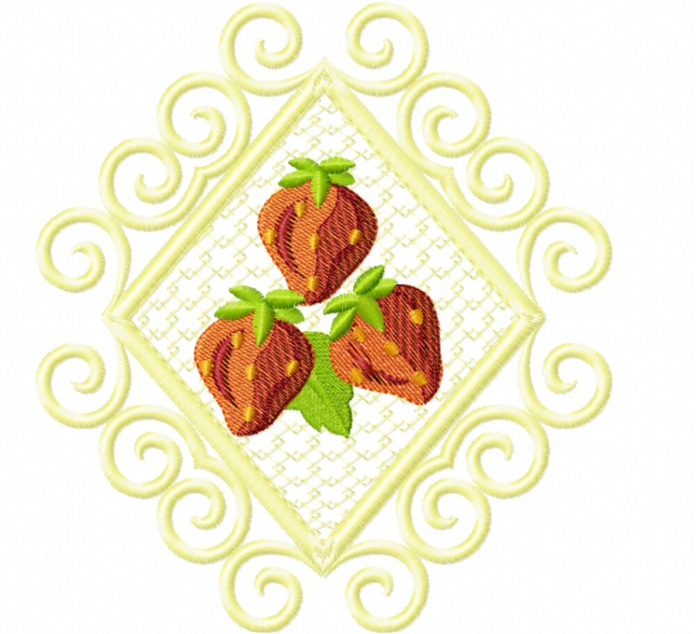 Matriz Bordado Pano De Prato Frutas Na Moldura Com Rendinha