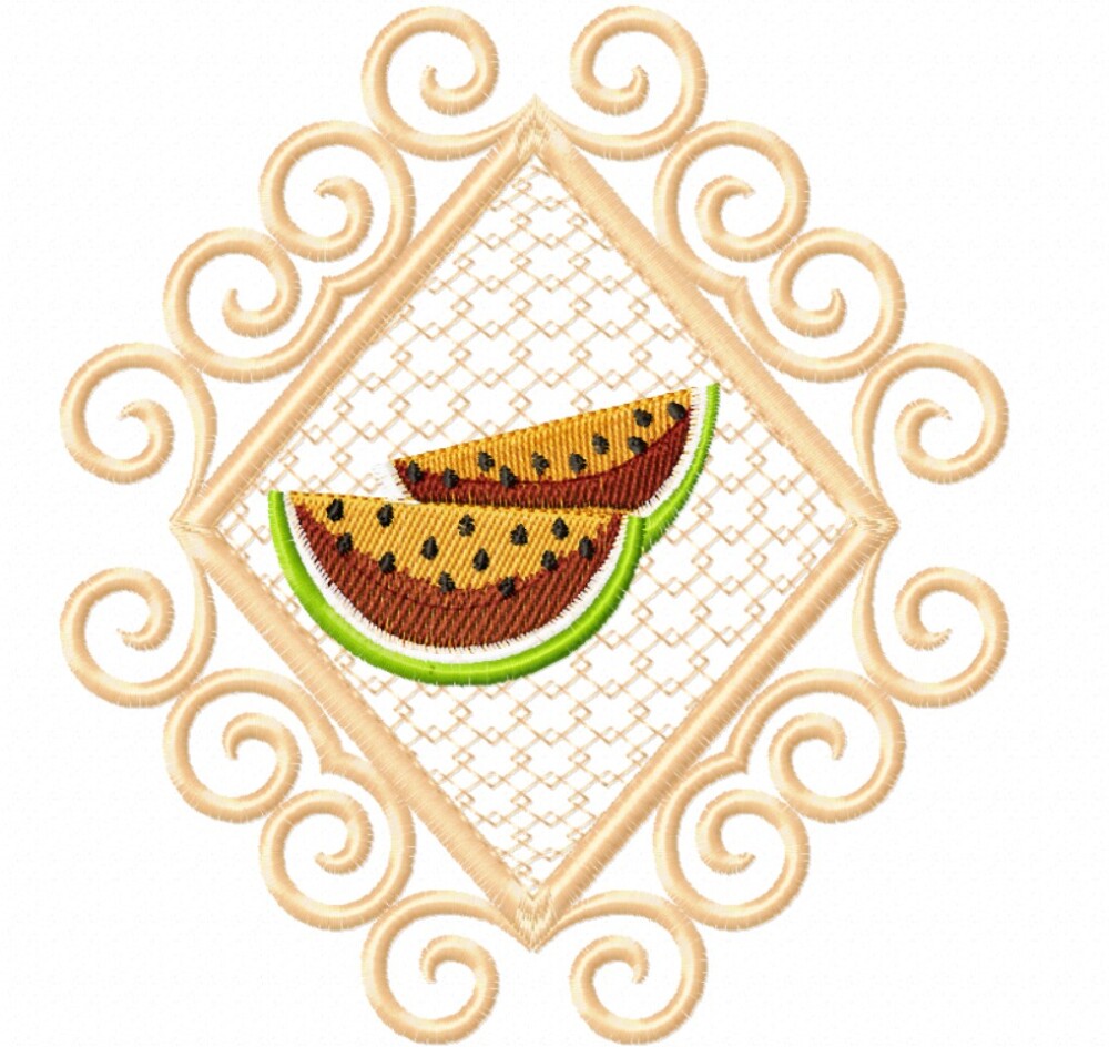 Matriz Bordado Pano De Prato Frutas Na Moldura Com Rendinha