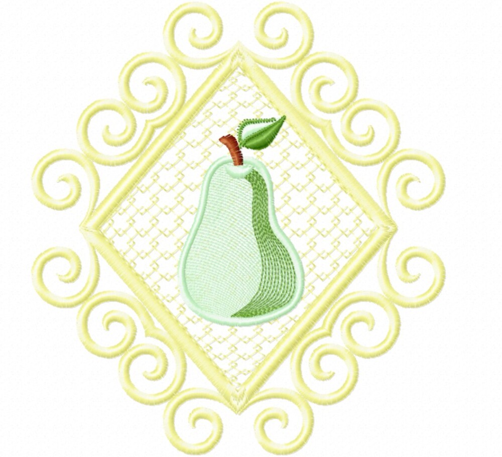 Matriz Bordado Pano De Prato Frutas Na Moldura Com Rendinha