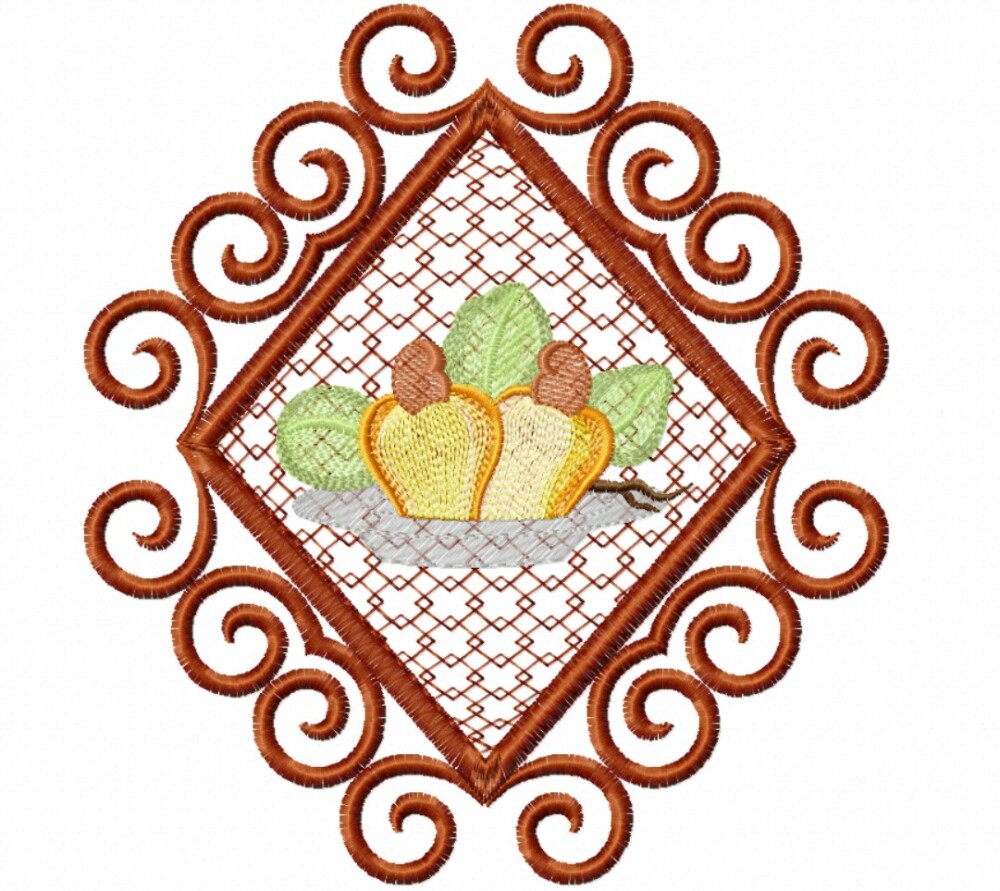 Matriz Bordado Pano De Prato Frutas Na Moldura Com Rendinha
