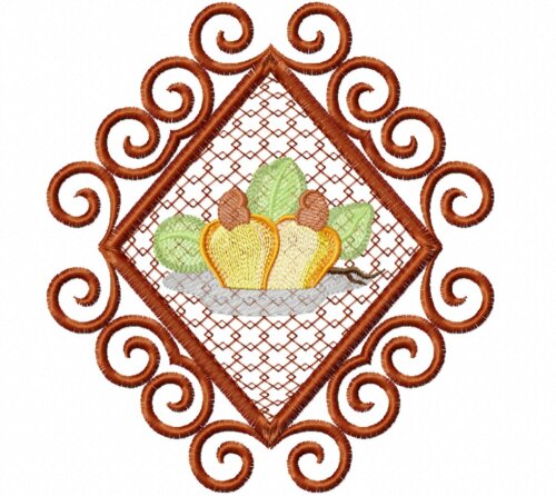 Matriz Bordado Pano De Prato Frutas Na Moldura Com Rendinha