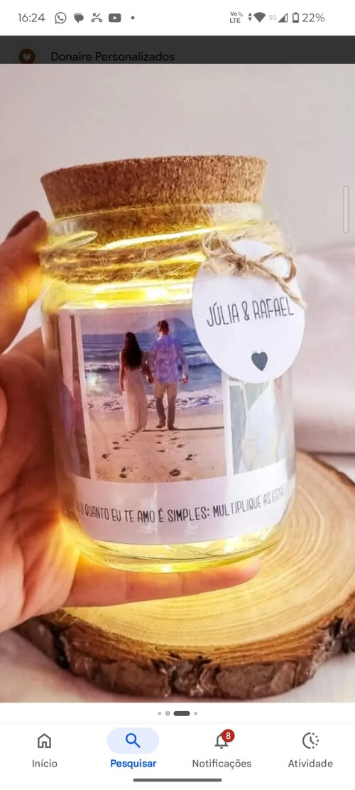 Pote com fotos e luz led