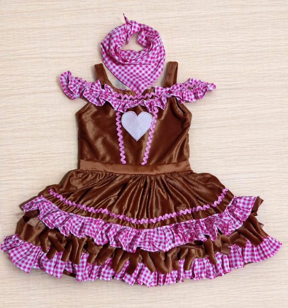 Vestido Junino Infantil Luxo Caipira (Camurça) Menina 1 a 6 anos
