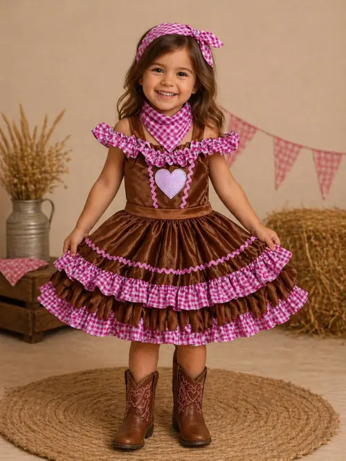 Vestido Junino Infantil Luxo Caipira (Camurça) Menina 1 a 6 anos