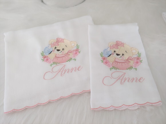 Fralda Bordada Personalizada para Bebê - Kit 2unids Ursinho
