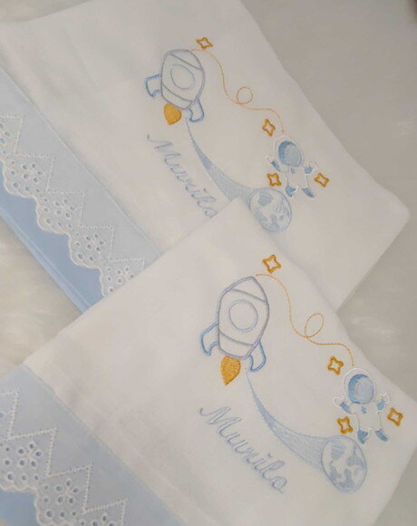 Kit Fralda Bordada Personalizada para Bebê Astronauta 2unids