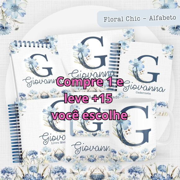 Arquivo Digital Caderneta Floral Azul Chic Alfabeto #5160