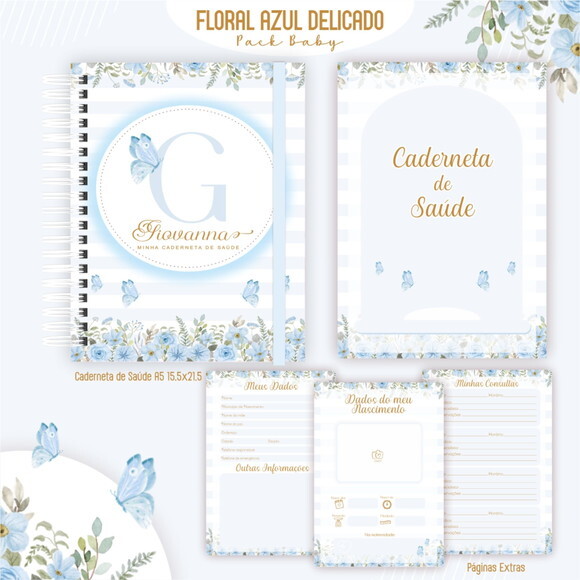 Arquivo Digital Caderneta Floral Azul Delicado #7302