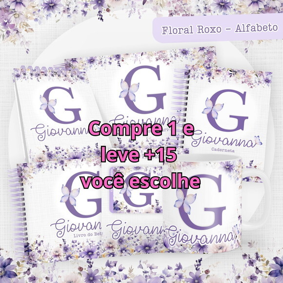 Arquivo Digital Caderneta Floral Roxo Alfabeto #5168