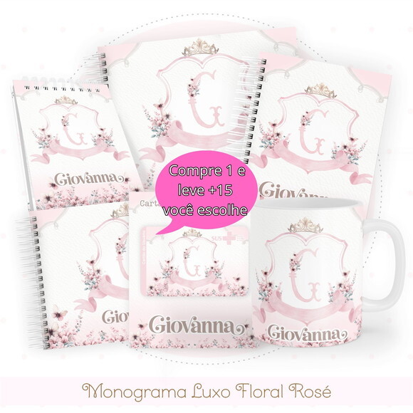 Arquivo Digital Caderneta Monograma Luxo Floral Rose #4830
