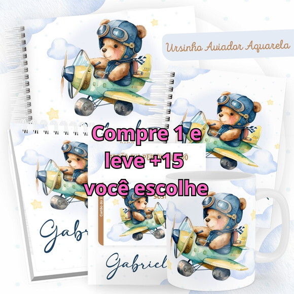 Arquivo Digital Caderneta Ursinho Aviador Aquarela #4530