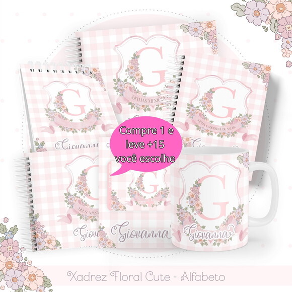 Arquivo Digital Caderneta Xadrez Floral Cute Alfabeto #4795
