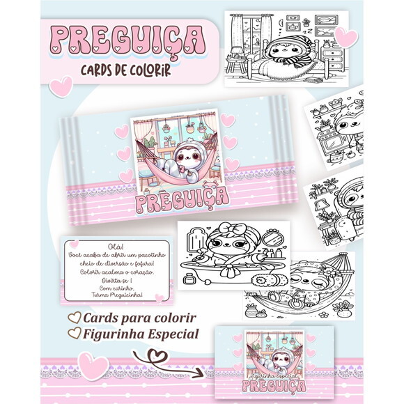 Arquivo Digital Card de Colorir Preguiça Kawaii #6781