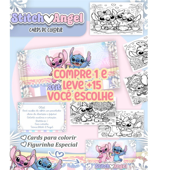 Arquivo Digital Card de Colorir Stitch & Angel #6844