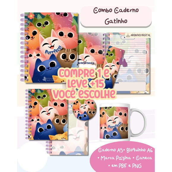 Arquivo Digital Combo Caderno Gatinho #7742