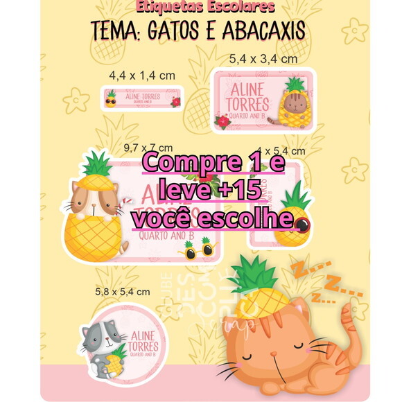 Arquivo Digital Etiqueta Escolar Gatos&abacaxi #4585