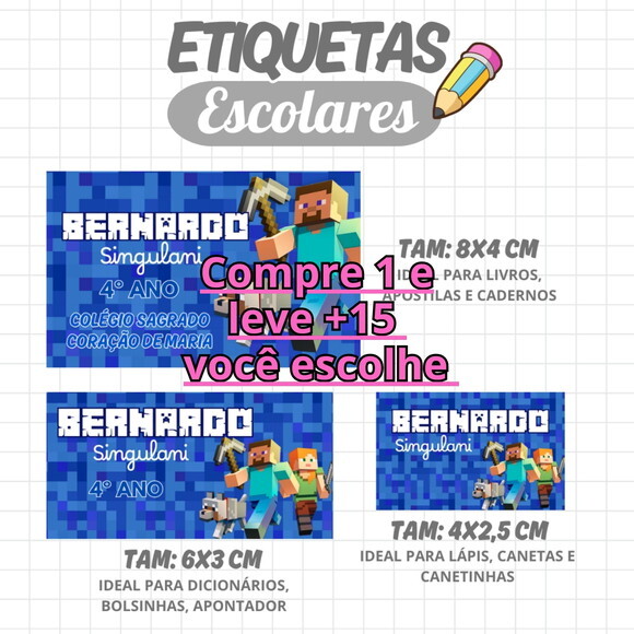 Arquivo Digital Etiqueta Escolar Minecraft #1982