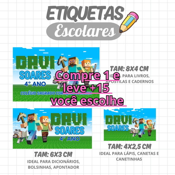 Arquivo Digital Etiqueta Escolar Minecraft #2062