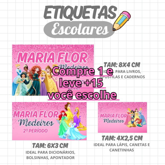 Arquivo Digital Etiqueta Escolar Princesa #1950