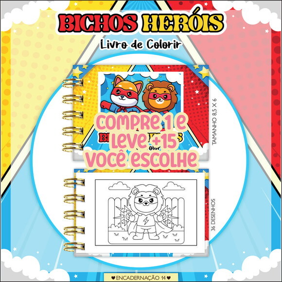 Arquivo Digital Mini Livro de Colorir Bichinhos Heróis #7182