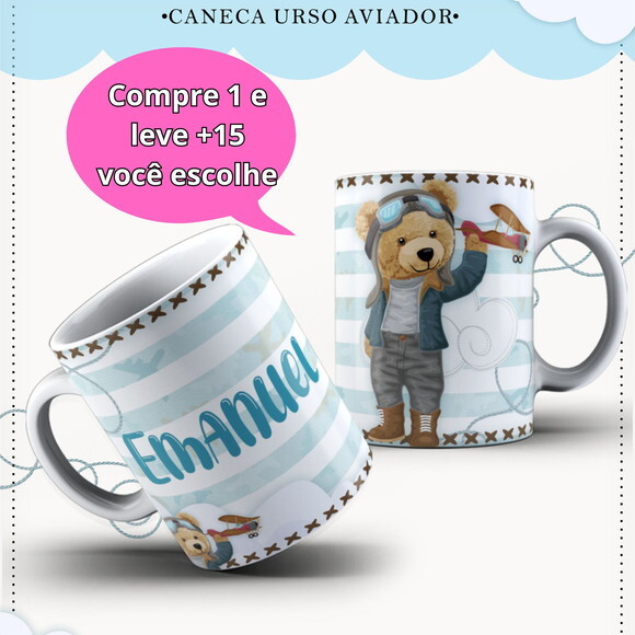 Arte para Sublimação Caneca- Urso Aviador #4034