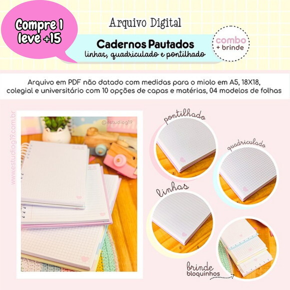 Combo Cadernos Linhas, Pontilhado e Quadriculado #3624