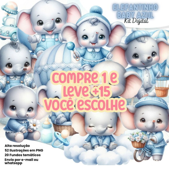 Kit Digital Elefantinho Baby Azul #7226