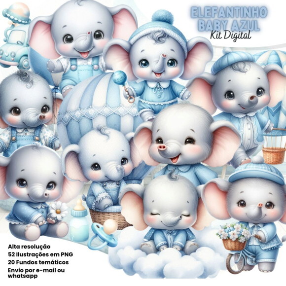 Kit Digital Elefantinho Baby Azul #7226