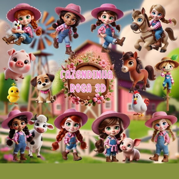 Kit Digital Fazendinha Rosa 3d #6938