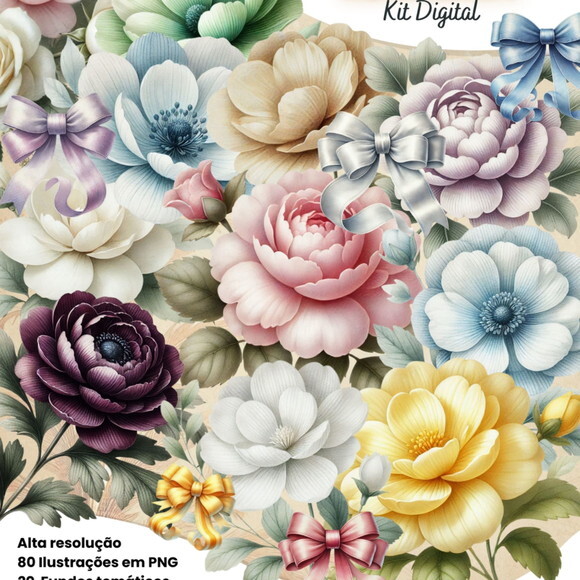 Kit Digital Flores Vintage Aquarelado #7113