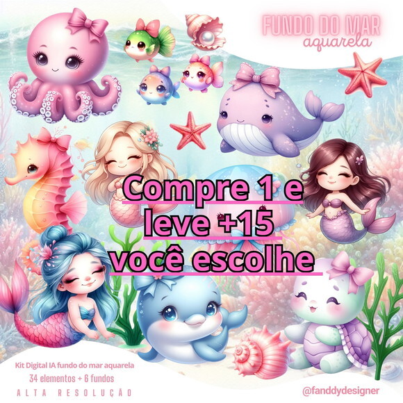 Kit Digital Fundo do Mar Aquarela Rosa #6805