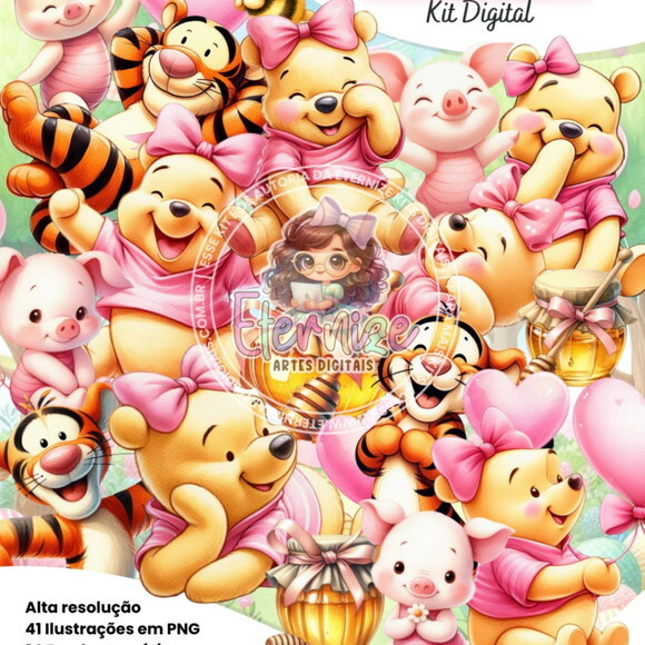 Kit Digital Ursinho Pooh Rosa Aquarela #7142
