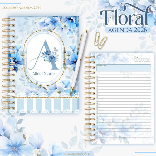 Arquivo Digital Agenda Floral Azul 2026 #7050