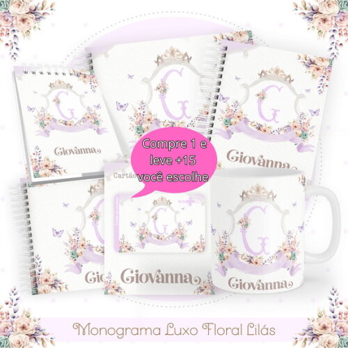 Arquivo Digital Caderneta Monograma Luxo Floral Lilás #4831