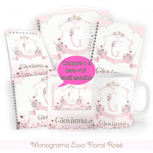 Arquivo Digital Caderneta Monograma Luxo Floral Rose #4830