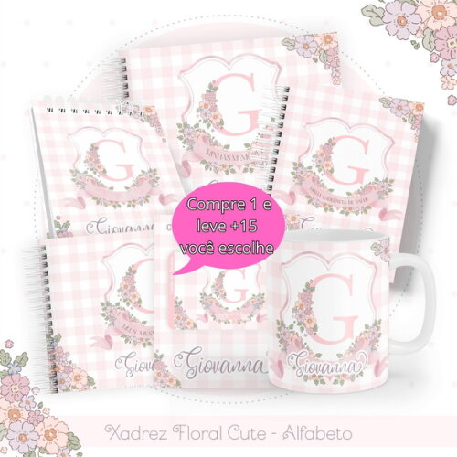 Arquivo Digital Caderneta Xadrez Floral Cute Alfabeto #4795