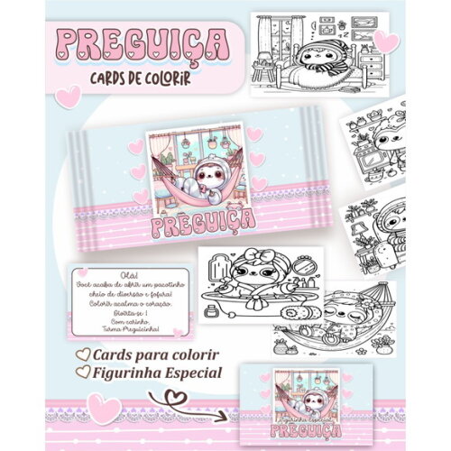Arquivo Digital Card de Colorir Preguiça Kawaii #6781