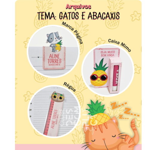 Arquivo Digital Etiqueta Escolar Gatos&abacaxi #4585