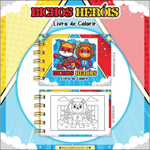 Arquivo Digital Mini Livro de Colorir Bichinhos Heróis #7182
