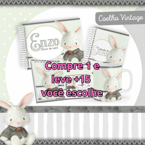 Arquivo Livro do Bebê e Caderneta Coelho Vintage #1483