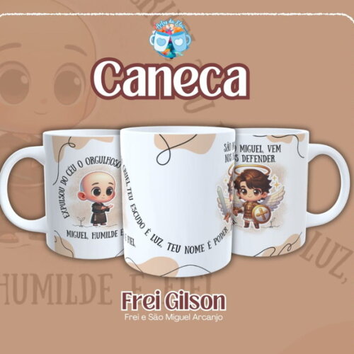 Arte de Caneca Frei Gilson e São Miguel Arcanjo #7554