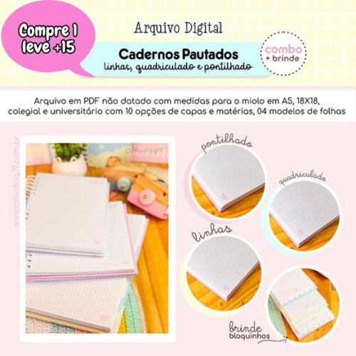 Combo Cadernos Linhas, Pontilhado e Quadriculado #3624