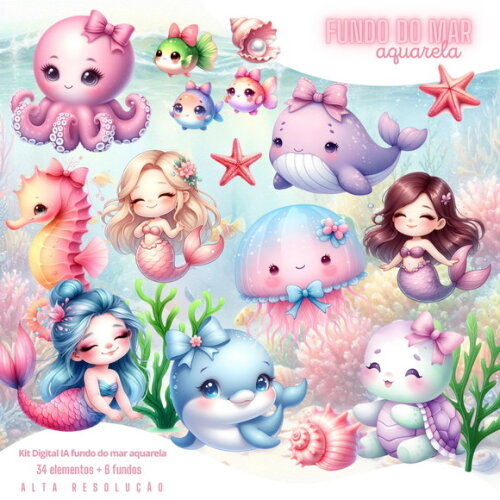 Kit Digital Fundo do Mar Aquarela Rosa #6805