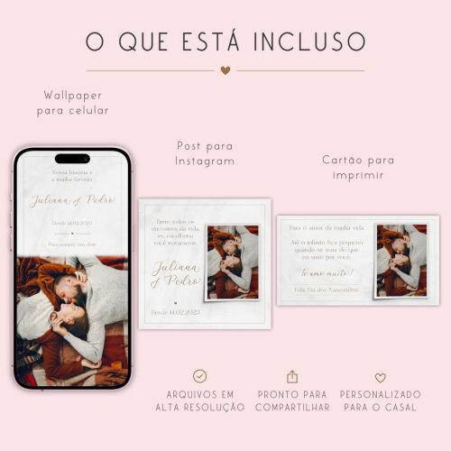Kit digital personalizado com foto, nomes e data do casal.