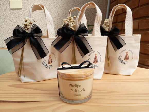 Lembrança Casamento Vela Aromática 100g com Mini Ecobag