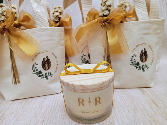 Lembrança Casamento Vela Aromática 100g com Mini Ecobag