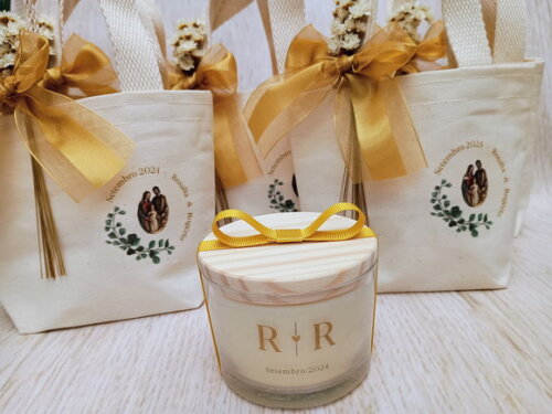 Lembrança Casamento Vela Aromática 100g com Mini Ecobag
