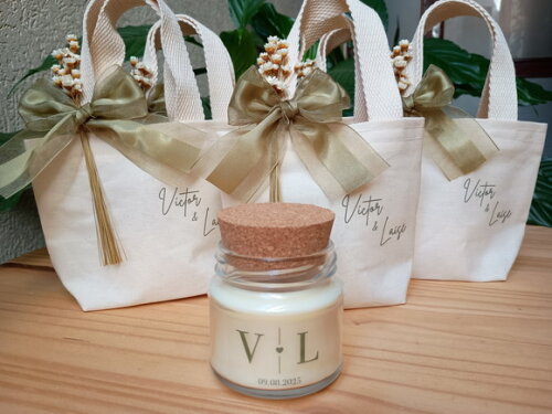 Lembrança de Casamento Vela Aromática com Mini Ecobag