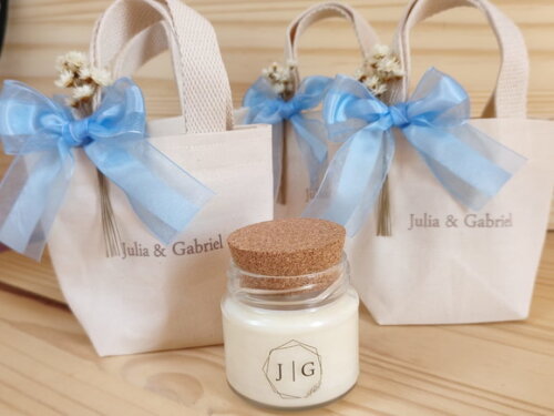 Lembrança de Casamento Vela Aromática com Mini Ecobag